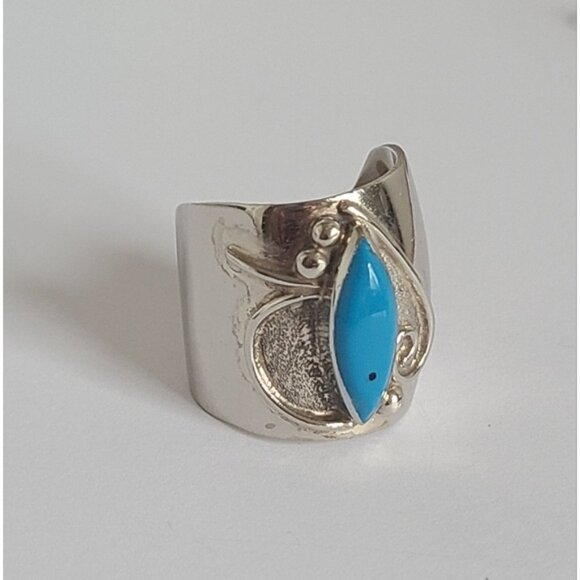 Vintage Boho Native Alpaca Silver Blue Turquoise Chunky Wide Statement Ring - Picture 4 of 10